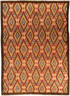 Mid 20th Century Bold Moroccan Red Blue Tan Yellow Cream Handmade Wool Rug - 2453333
