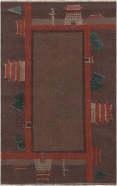 Mid 20th Century Chinese Art Deco Botanic Design Red Green Handmade Wool Rug - 2452629