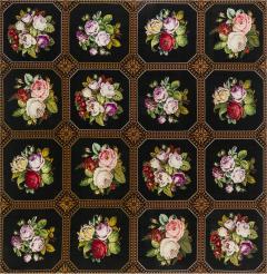 Mid 20th Century Floral Needlework Black Green Pink Purple Yellow Rug - 2457157