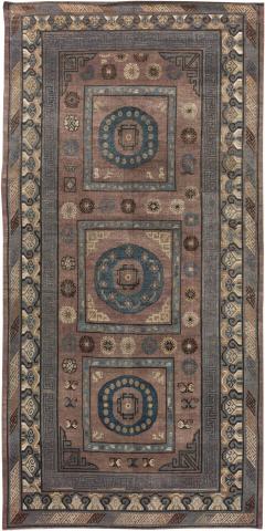 Mid 20th Century Geometric Brown Blue Samarkand Hand Knotted Wool Rug - 2456325