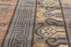 Mid 20th Century Geometric Brown Blue Samarkand Hand Knotted Wool Rug - 2456329