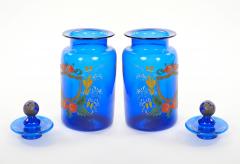 Mid 20th Century Italian Gilt and Hand Painted Cobalt Blue Glass Apothecary Jars - 4793732