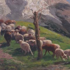 Mid 20th Century Oil Painting of Sheep in a Mountain Pasture Framed - 3295821