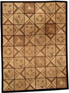 Mid 20th century Beige Brown Black Wool Handmade Hooked Rug - 2441534