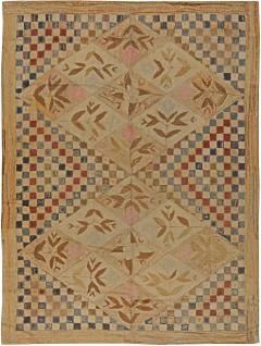 Mid 20th century Botanic Motifs on Checkered Beige Background Hooked Wool Rug - 2441504