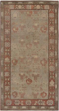 Mid 20th century Samarkand Green and Orange Handmade Wool Rug - 2457139
