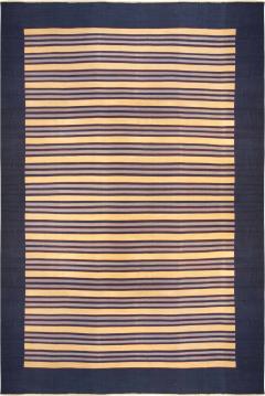 Mid 20th century Striped Navy Blue with Apricot Yellow Indian Dhurrie Rug - 2441417