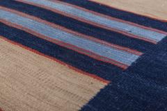 Mid 20th century Striped Navy Blue with Apricot Yellow Indian Dhurrie Rug - 2441418