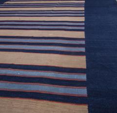 Mid 20th century Striped Navy Blue with Apricot Yellow Indian Dhurrie Rug - 2441419