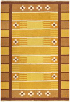 Mid 20th century Swedish Yellow Brown and White Handwoven Wool Rug - 2439852