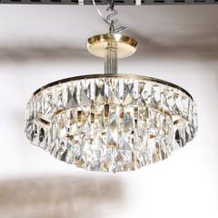 Mid Century 3 Tier Faceted Cut Crystal Chandelier in Brass w Glass Rod Detail - 4490005