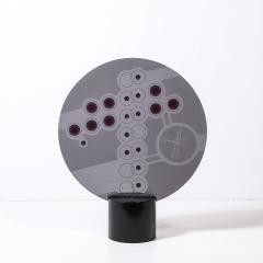 Mid Century Abstract Smoked Glass Frosted Detailed Disc Sculpture signed T Saul - 4377178