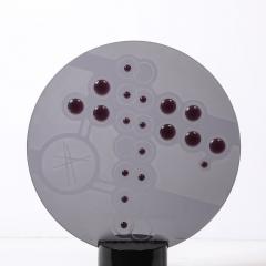 Mid Century Abstract Smoked Glass Frosted Detailed Disc Sculpture signed T Saul - 4377186