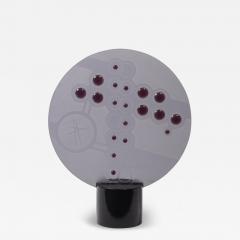 Mid Century Abstract Smoked Glass Frosted Detailed Disc Sculpture signed T Saul - 4379210