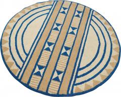 Mid Century Acrylic High Pile Blue and Beige Round Rug - 2360547
