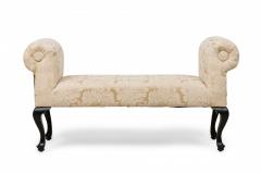Mid Century American Scroll Arm Upholstered Bench with Beige Damask Floral Uphol - 4665133