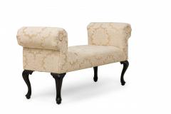 Mid Century American Scroll Arm Upholstered Bench with Beige Damask Floral Uphol - 4665135