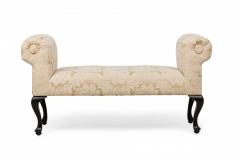 Mid Century American Scroll Arm Upholstered Bench with Beige Damask Floral Uphol - 4665136