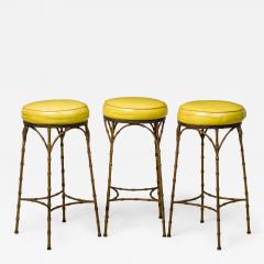 Mid Century American Yellow Leather and Brass Faux Bamboo Bar Stools - 4219596