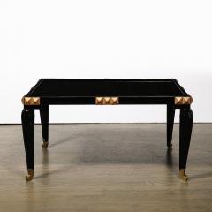 Mid Century Black Lacquer Gilt Wood Brass Cocktail Table w Vitrolite Top - 3861410