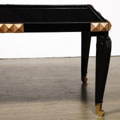 Mid Century Black Lacquer Gilt Wood Brass Cocktail Table w Vitrolite Top - 3861414