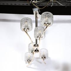 Mid Century Bow Form Polished Brass Nickel Pendant Chandelier W Mottled Glass - 3976042