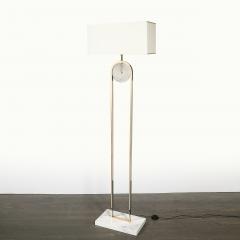 Mid Century Brass Arch Floor Lamp w Textured Glass Medallion White Marble - 4744965