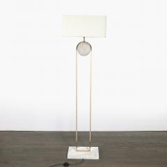 Mid Century Brass Arch Floor Lamp w Textured Glass Medallion White Marble - 4744986