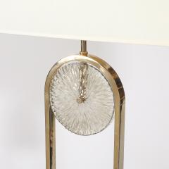 Mid Century Brass Arch Floor Lamp w Textured Glass Medallion White Marble - 4744992