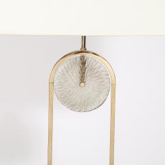 Mid Century Brass Arch Floor Lamp w Textured Glass Medallion White Marble - 4745004