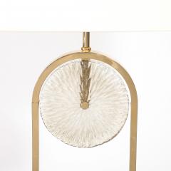 Mid Century Brass Arch Floor Lamp w Textured Glass Medallion White Marble - 4745005