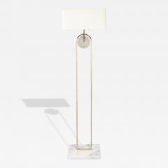 Mid Century Brass Arch Floor Lamp w Textured Glass Medallion White Marble - 4746333