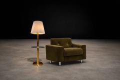 Mid Century Brass Floor Lamp with Integrated Glass Shelf and Pleated Shade - 4526626