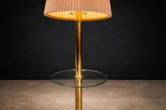 Mid Century Brass Floor Lamp with Integrated Glass Shelf and Pleated Shade - 4526627