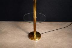 Mid Century Brass Floor Lamp with Integrated Glass Shelf and Pleated Shade - 4526628