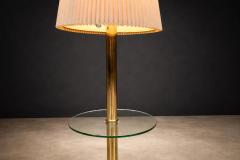 Mid Century Brass Floor Lamp with Integrated Glass Shelf and Pleated Shade - 4526629