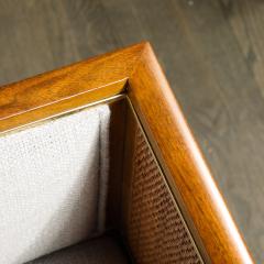 Mid Century Brass Lined Walnut Settee w Cane Detailing Holly Hunt Upholstery - 4622444