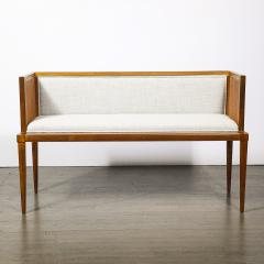 Mid Century Brass Lined Walnut Settee w Cane Detailing Holly Hunt Upholstery - 4622445