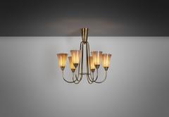 Mid Century Brass and Opal ER 68 6 Chandelier for Itsu Finland ca 1950s - 3520794