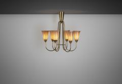 Mid Century Brass and Opal ER 68 6 Chandelier for Itsu Finland ca 1950s - 3520796