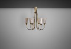 Mid Century Brass and Opal ER 68 6 Chandelier for Itsu Finland ca 1950s - 3520797