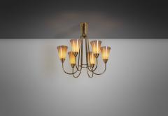 Mid Century Brass and Opal ER 68 6 Chandelier for Itsu Finland ca 1950s - 3520798