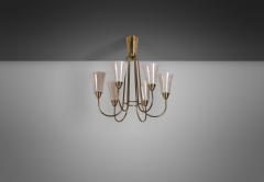 Mid Century Brass and Opal ER 68 6 Chandelier for Itsu Finland ca 1950s - 3520799