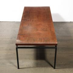Mid Century Brutalist Abstract Textural Copper Cocktail Table w Black Supports - 4233744