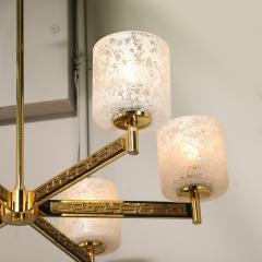 Mid Century Brutalist Six Arm Textural Brass Mottled Glass Chandelier - 4233554