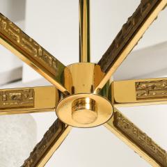 Mid Century Brutalist Six Arm Textural Brass Mottled Glass Chandelier - 4233556