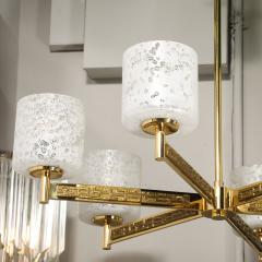 Mid Century Brutalist Six Arm Textural Brass Mottled Glass Chandelier - 4233558