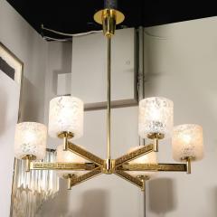 Mid Century Brutalist Six Arm Textural Brass Mottled Glass Chandelier - 4233562
