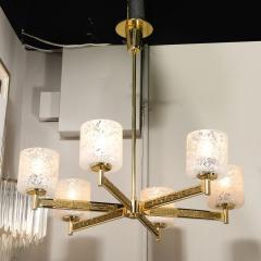 Mid Century Brutalist Six Arm Textural Brass Mottled Glass Chandelier - 4233563