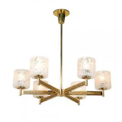Mid Century Brutalist Six Arm Textural Brass Mottled Glass Chandelier - 4233570